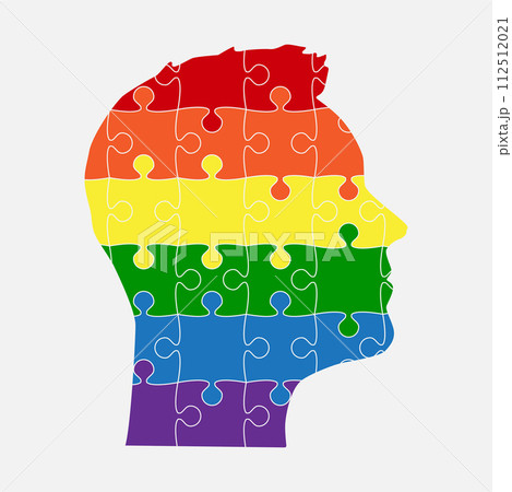 Male head made from puzzle pieces. LGBT rainbow. 112512021