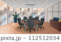 Vector illustration of empty modern corporate meeting room, interior view. Cartoon style conference room with a round table and chairs. Business, communication concepts. 112512034
