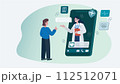 Vector Illustration of a man interacting with a female doctor through a smartphone medical app. Online healthcare consultation, modern telemedicine concept.  112512071