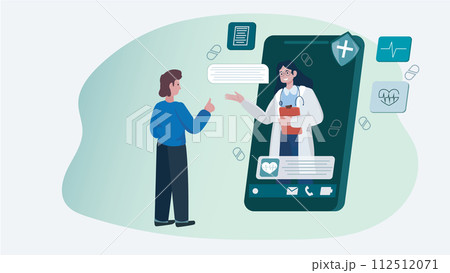 Vector Illustration of a man interacting with a female doctor through a smartphone medical app. Online healthcare consultation, modern telemedicine concept.  112512071