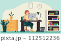 Vector illustration of a woman working efficiently at her home office setup, surrounded by a computer, desk, and other cozy home decor. 112512236