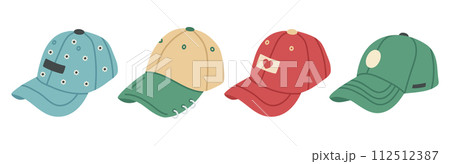 Modern baseball caps. Colorful sport headwear, unisex fashion accessories flat vector illustration set. Textile sport caps on white 112512387