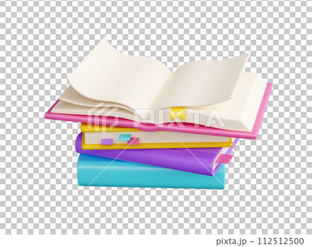 Pile of close paper books and open one with white pages, colorful hard cover and bookmarks lay and stand. 3D render illustration of literature stack and heap for school education and reading concept. Pile of close paper books and open one with white pages, colorful hard cover and bookmarks lay and stand. 3D render illustration of literature stack and heap for school education and reading concept. 112512500