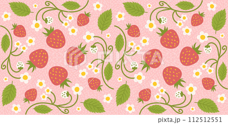 Seamless design pattern with strawberries, cute berries, flowers, green leaves. Repetitive surface design intended for kitchen apparel, fabrics, wrapping paper, and diverse purposes 112512551