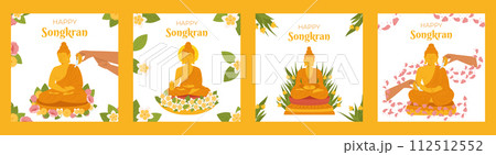 Songkran festival, traditional shower the monk sculpture, Thailand New Year. Hand Pouring water Buddha statue. Vector Square social media post template collection in flat style for celebrating 112512552