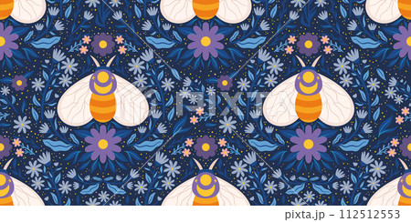 Seamless pattern showcasing a whimsical moth, flowers, and leaves in blue palette. Scandi style delicate folk recurring design for fabric printing, wrapping paper, and various purposes 112512553
