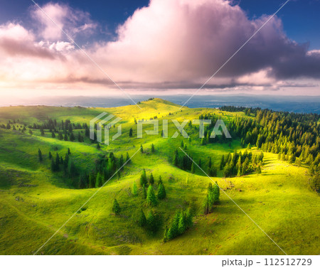 Aerial view of green alpine meadows on the hills at sunset 112512729