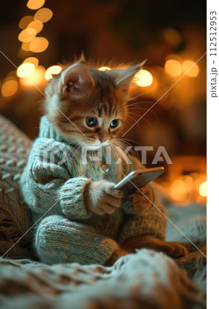 Cute cat in pyjamas with mobile phone Cute cat in pyjamas with mobile phone 112512953