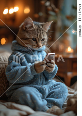 Cute cat in pyjamas with mobile phone  112512954