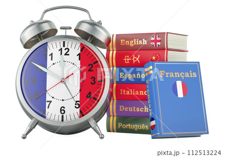French course, lessons concept. Books with alarm clock. Time to learn French language, 3D rendering 112513224