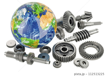 Gearwheels and cogwheels with Earth Globe. Global Industrial and Engineering, concept. 3D rendering 112513225