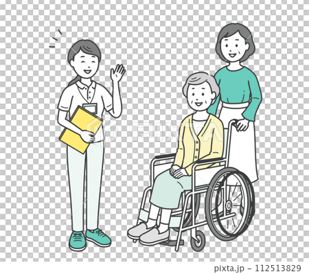 Illustration of a woman and an old woman receiving explanations from a care manager Illustration of a woman and an old woman receiving explanations from a care manager 112513829
