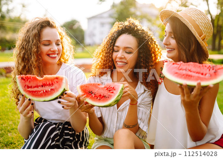 Cheerful happy friends camping on the grass, eating watermelon, laughing. Cheerful happy friends camping on the grass, eating watermelon, laughing. 112514028