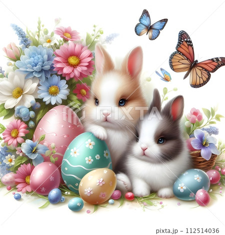 Easter holiday, painted Easter eggs are among the flowers, lovely butterflies fly around, two cute rabbits are sitting nearby. Brightly colored Easter eggs laid out among flowers  Generative AI 112514036
