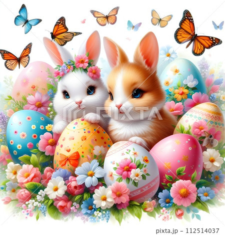 Easter holiday, painted Easter eggs are among the flowers, lovely butterflies fly around, two cute rabbits are sitting nearby. Brightly colored Easter eggs laid out among flowers  Generative AI 112514037