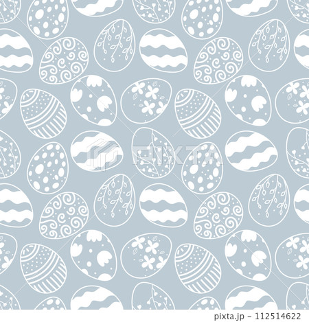 Seamless Easter pattern on blue background with white silhouette of Easter bunnies and eggs 112514622