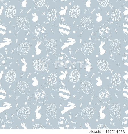 Seamless Easter pattern on blue background with white silhouette of Easter bunnies and eggs 112514628