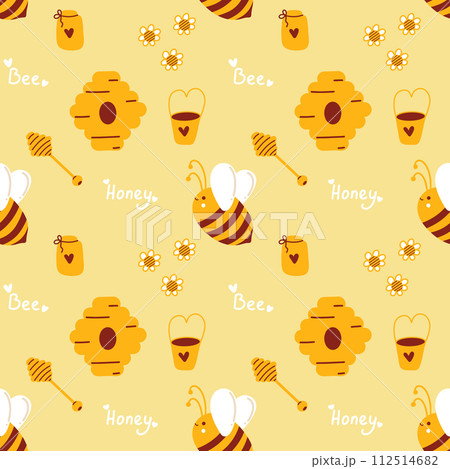 Honey pattern with bees for beekeepers and honey products. Cute summer yellow pattern with bees Honey pattern with bees for beekeepers and honey products. Cute summer yellow pattern with bees 112514682