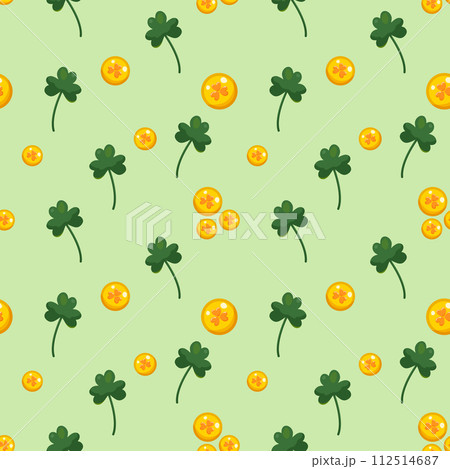 Seamless pattern for St. Patrick Day with green clover twigs and gold coins on green background 112514687
