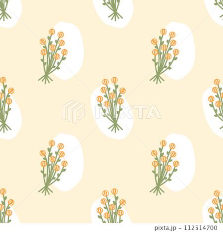 Seamless pattern with bouquet of flowers and abstract spots on beige background. 112514700