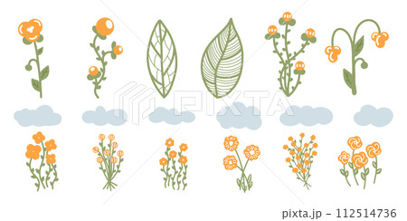 Set of orange flowers with vintage leaves from spring and summer collection. Variety orange flowers 112514736