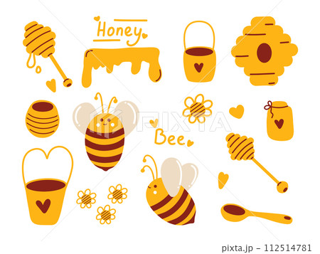 Honey set with bees for minimalistic packaging design of honey products and for beekeeping 112514781