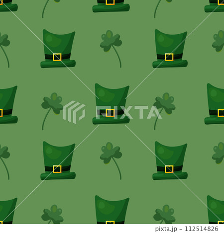 Seamless pattern for St. Patrick Day with green hats and clover twigs on green background.  112514826