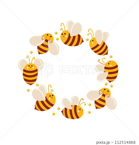 Happy bees fly in circle in cute illustration. Cute illustration for website, children design 112514868