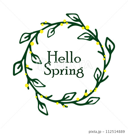 Hello spring in round floral frame on white background for spring designs with yellow flowers.  112514889