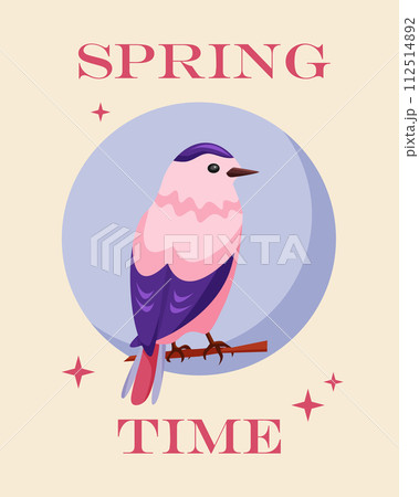 Hello spring. Greeting card with the beginning of spring. Cute little bird in pink and blue Hello spring. Greeting card with the beginning of spring. Cute little bird in pink and blue 112514892