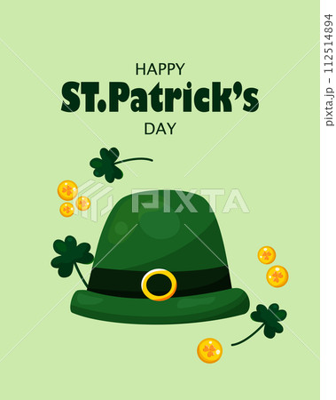 St. Patricks Day greeting card on March 17th with coins, shamrocks and green Irish elf cap. St. Patricks Day greeting card on March 17th with coins, shamrocks and green Irish elf cap. 112514894