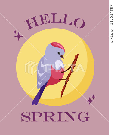 Hello spring. Greeting card with the beginning of spring on violet background. Cute little bird Hello spring. Greeting card with the beginning of spring on violet background. Cute little bird 112514897