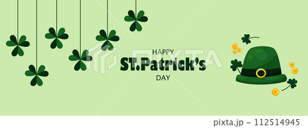 Banner for St. Patricks Day on March 17 with shamrocks suspended on string. 112514945