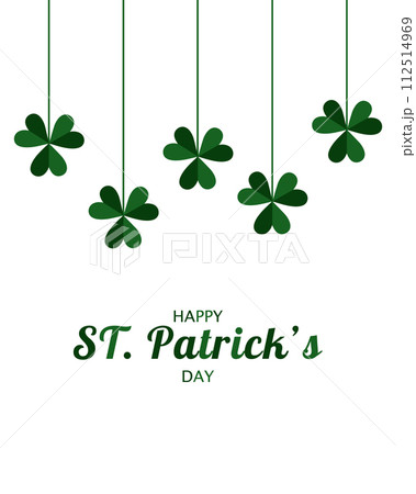 Card for St. Patricks Day on March 17 with shamrocks suspended on string. Card for St. Patricks Day on March 17 with shamrocks suspended on string. 112514969