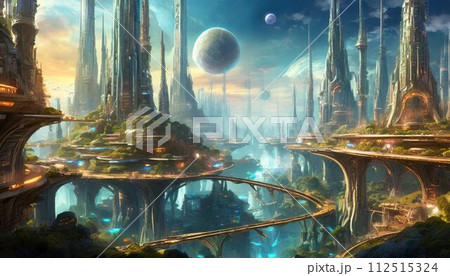 【AI生成画像】幻想的な雰囲気のある空想の未来都市 112515324