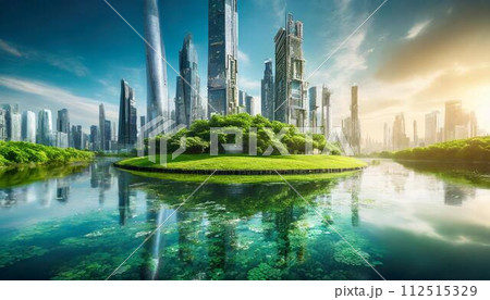 【AI生成画像】豊かな自然に囲まれた空想の未来都市 112515329