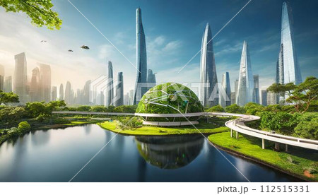 【AI生成画像】豊かな自然に囲まれた空想の未来都市 112515331