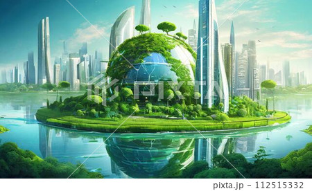 【AI生成画像】豊かな自然に囲まれた空想の未来都市 112515332