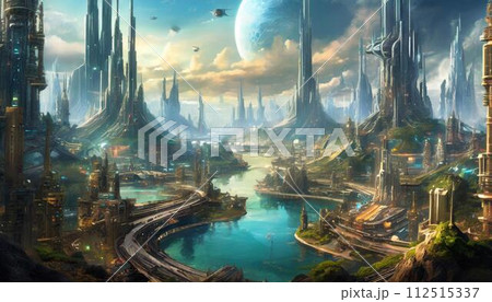 AI生成画像】幻想的な雰囲気のある空想の未来都市のイラスト素材