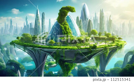 【AI生成画像】豊かな自然に囲まれた空想の未来都市 112515341