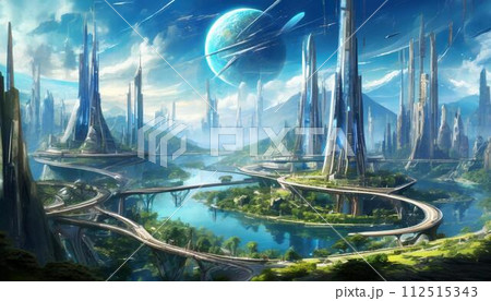 AI生成画像】幻想的な雰囲気のある空想の未来都市のイラスト素材