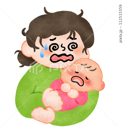 熱がある赤ちゃんを抱っこして看病するお母さん　手描きイラスト素材 112515359