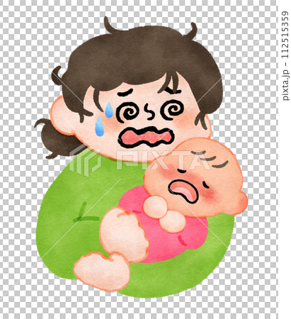 Hand-drawn illustration of a mother holding and caring for a baby with a fever 112515359