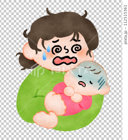 Hand-drawn illustration of a mother holding and nursing a sick baby 112515361