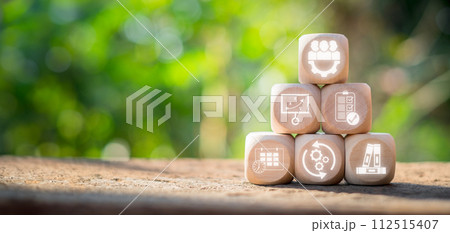 Workflow concept, Wooden block on desk with workflow icon on virtual screen. 112515407