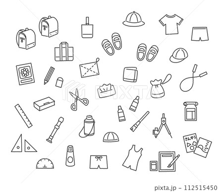 小学生の持ち物の線画アイコンセット 小学生の持ち物の線画アイコンセット 112515450