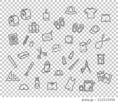 小学生の持ち物の線画アイコンセット 小学生の持ち物の線画アイコンセット 112515450
