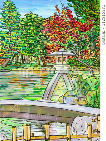 秋の兼六園　水面に映る紅葉 112515571