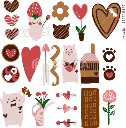 かわいいバレンタインのイラスト素材セット、チョコレート、ねこ 112516187