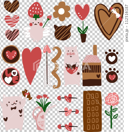 かわいいバレンタインのイラスト素材セット、チョコレート、ねこ 112516187